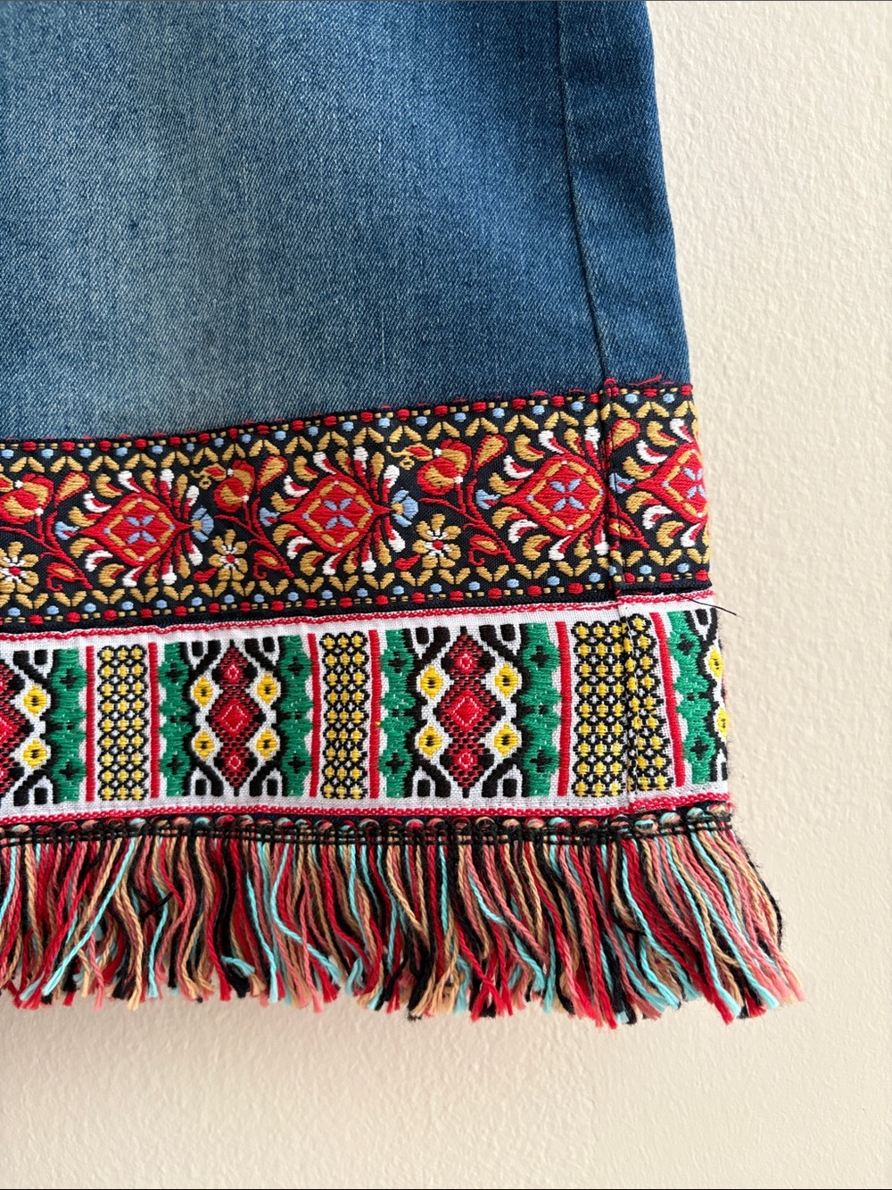 Vintage Cato Blue Denim Mini Skirt with Colorful Embroidered Trim and Fringe